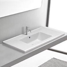 Drop In Bathroom Sink With Counter Space, White Ceramic, Rectangular